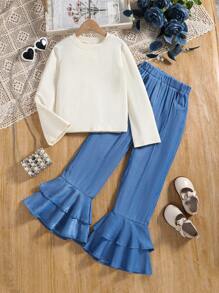 SHEIN Cô gái Tween Áo phông trơn & Xù Hoa Sen Quần - Nhiều màu - Xem 4