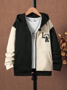 SHEIN Tween Jongen Grafische lettersprint Twee tinten Hoodie met rits Zonder T-shirt