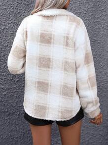 SHEIN Clasi 水牛格紋印花翻蓋泰迪熊外套 - 杏色 - 查看 2