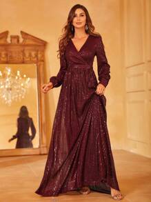 Đầm dạ hội cổ tròn tay loe đính sequin - Màu Đỏ Sâu - Xem 4