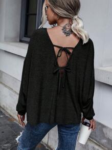 SHEIN LUNE Solid Tie Back Drop Shoulder Tee Fall Cloth For Women - Black - View 2