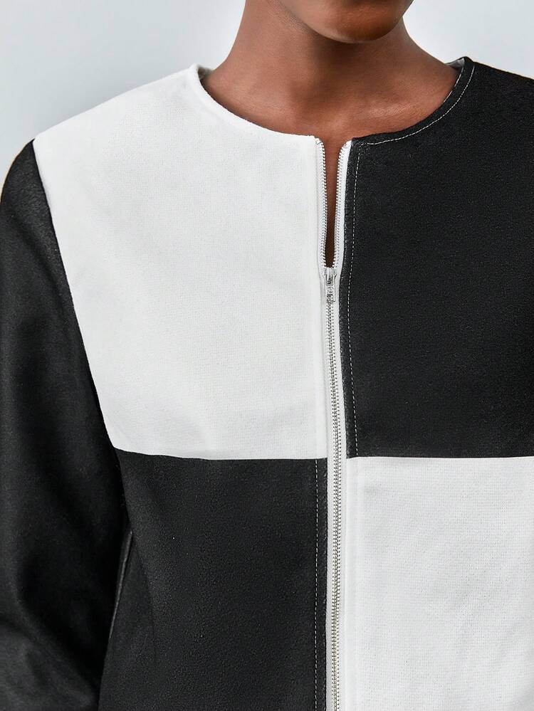 SHEIN Maija 투 컬러 지퍼 업 쇼트 재킷