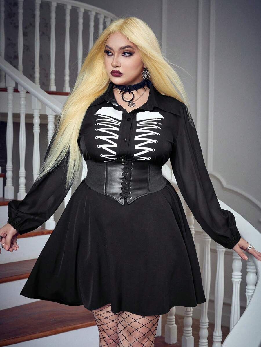 Flirla Halloween Plus Skeleton Print Lace Up Front Shirt Dress Without Corset - Black - View 1