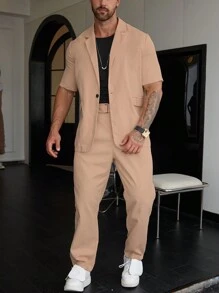 Manfinity Mode Men Solid Lapel Neck Blazer & Suit Pants - Pink - View 5