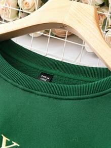 SHEIN LUNE 大碼字母刺繡加絨內裏運動衫 - 綠色 - 查看 5