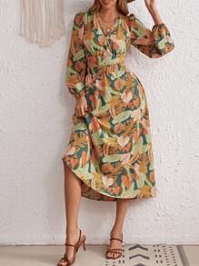 SHEIN VCAY Robe Partout Imprimé Tropical Manches Bouffantes - Multicolore - Voir 2