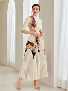 Modelyn In hoa Áo thun & Chân Váy xếp ly - Màu be - Xem 1