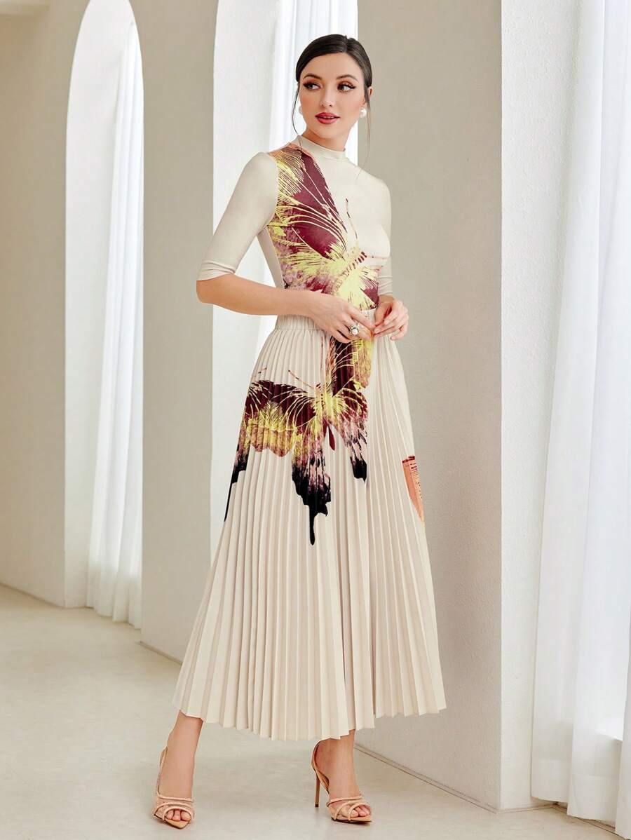 Modelyn In hoa Áo thun & Chân Váy xếp ly - Màu be - Xem 1