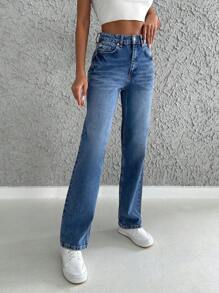 EURMUSE High Waist Straight Leg Jeans - Medium Wash - View 4