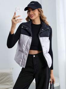 SHEIN Essnce 雙色拉鏈開襟羽絨背心大衣 - 彩色 - 查看 1