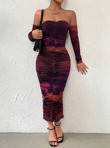 Zolique Off Shoulder Ruched Mesh Bodycon Dress - Multicolor - View 6