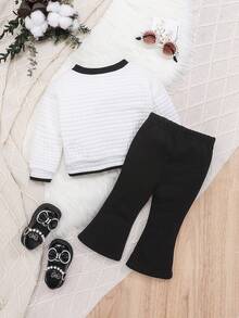 SHEIN 女嬰小可可風格格紋撞色夾克和喇叭褲套裝 - 黑與白 - 查看 2