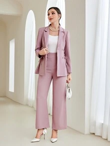 Modelyn 紐扣細節闊腿西裝褲 - 粉色 - 查看 6