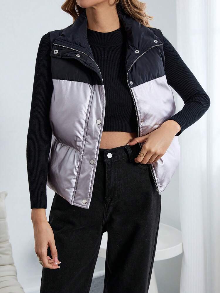 Two Tone Zip Up Vest Coat