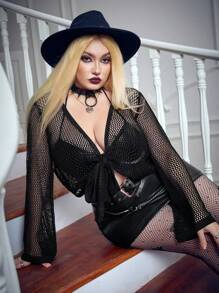 Flirla Talla grande Cárdigan crop con cordón delantero - Negro - Ver 5