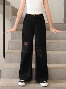 Einfache, vielseitige, verwaschene schwarze Jeans für Teenager