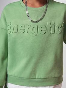 Tween Boys Casual College Style 3D English Text Embossed Patched Shirt Collar Faux Layers Sweatshirt With Knitted Pants Set, Thermal Lined, Thickened - Green - View 5