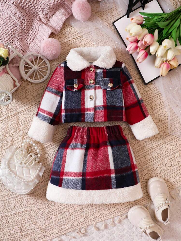 Baby Girl Plaid Print Borg Collar Jacket & Skirt