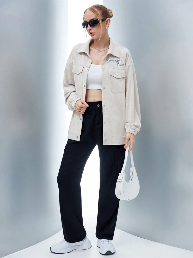 Letter Graphic Flap Pocket Drop Shoulder Coat Fall Cloth For Women