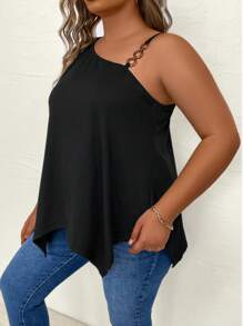 SHEIN LUNE 大碼鏈條細節不對稱領不對稱下擺上衣 - 黑色 - 查看 3