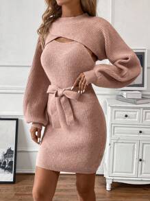 SHEIN Clasi Lantern Sleeve Super Crop Sweater & Belted Sweater Dress - Dusty Pink - View 6