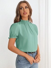 SHEIN Privé Frill Trim Puff Sleeve Blouse - Green - View 4