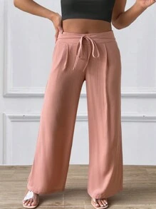 SHEIN LUNE Plus Tie Front Wide Leg Trousers - Pink - View 1