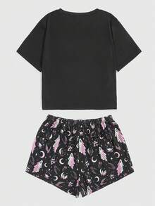 ROMWE Goth Cartoon Graphic Tee & Galaxy Print Shorts PJ Set - Black - View 2