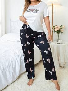 Plus Butterfly Print Tee & Pants PJ Set / Pajama Set - Multicolor - View 3