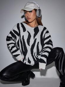 SHEIN Unity 斑馬紋圖案落肩袖套頭毛衣 - 銀色 - 查看 3