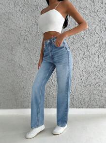 EURMUSE 100%Cotton High Waist Straight Leg Jeans - Light Wash - View 5