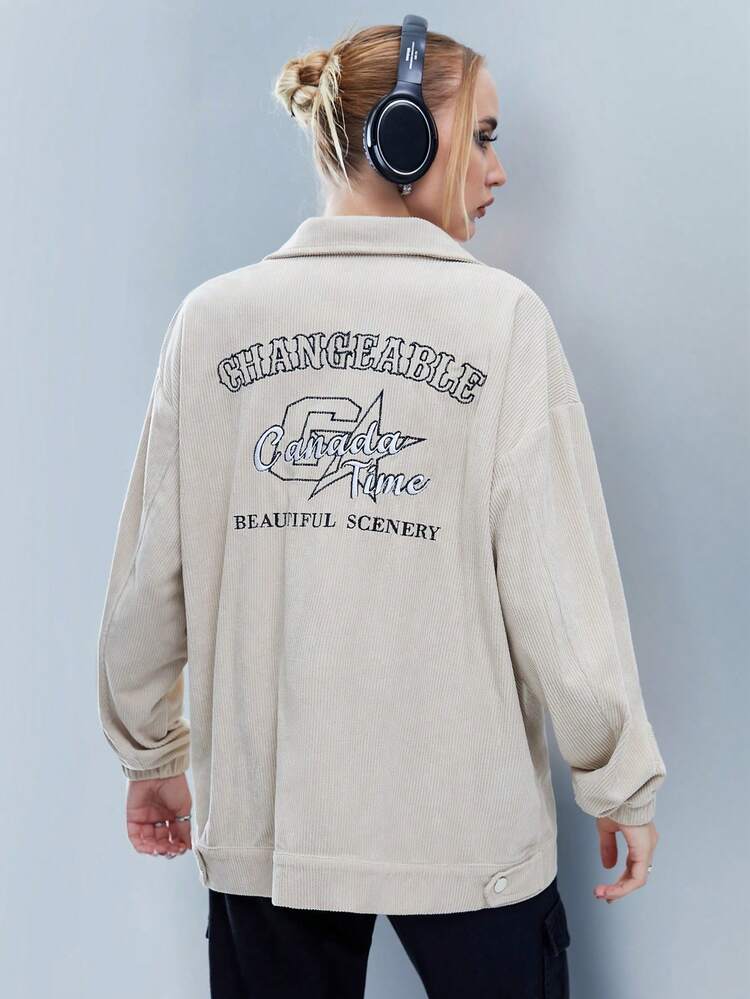 Letter Graphic Flap Pocket Drop Shoulder Coat Fall Cloth For Women