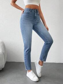 EURMUSE 100%Cotton High Waist Slant Pocket Casual Mom Fit Jeans - Light Wash - View 4