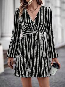 SHEIN Clasi Geo Print Lantern Sleeve Belted Dress - Black - View 4