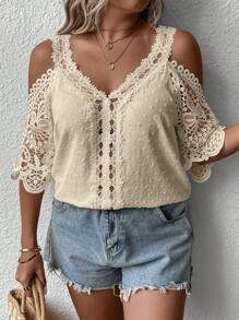 SHEIN Clasi Plus Swiss Dot Cold Shoulder Guipure Lace Insert Blouse
