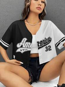 SHEIN EZwear 字母圖案雙色落肩袖短款襯衫 - 黑與白 - 查看 5