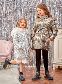 SHEIN 年轻女孩毛绒装饰连帽棉服外套 - 銀色 - 查看 7