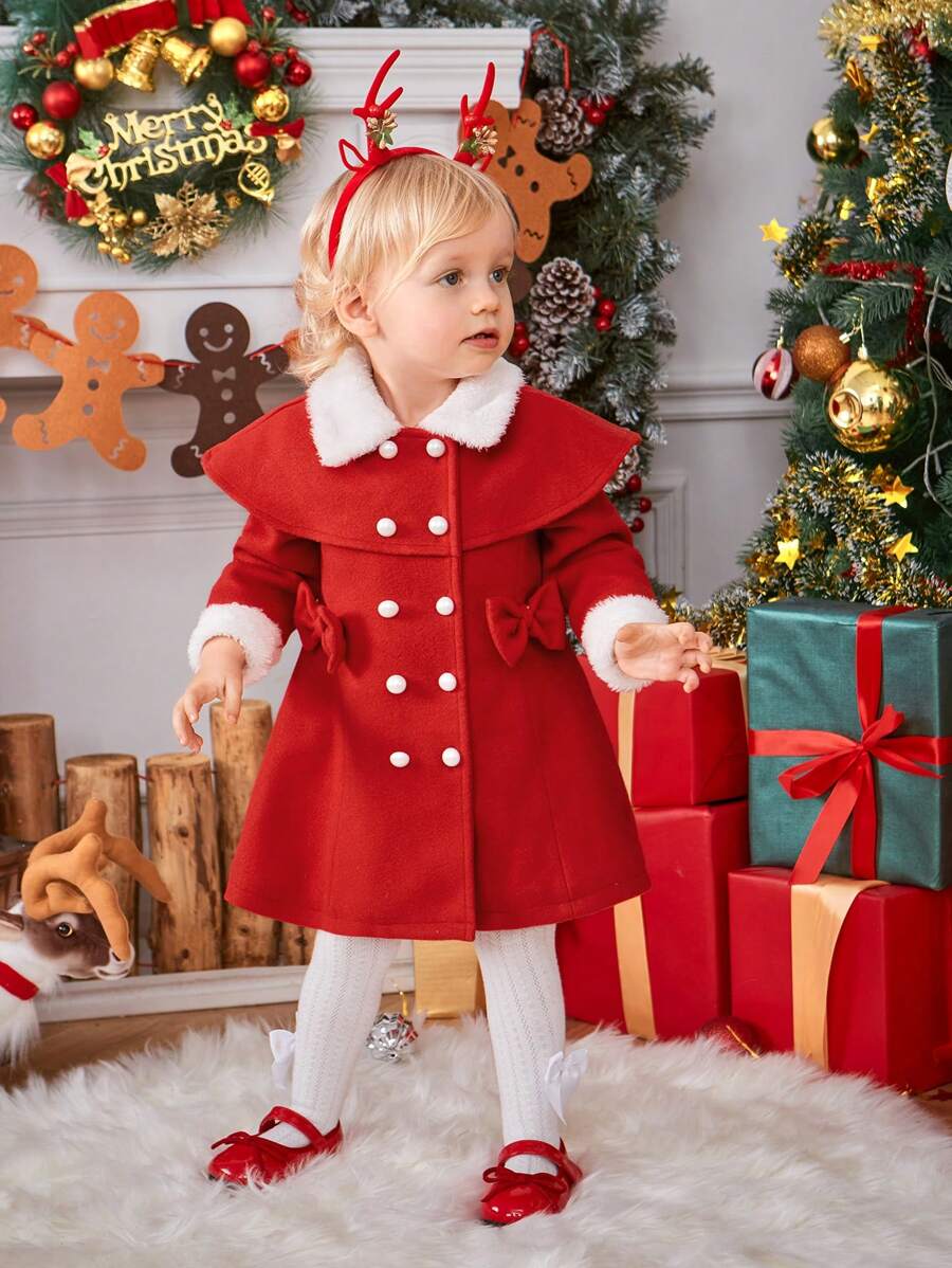 SHEIN Baby Girl Double Breasted Borg Collar Double Breasted Bow Front Coat