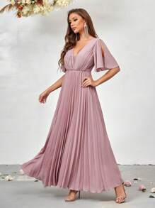 SHEIN Belle Plunging Neck Split Sleeve Pleated Hem Bridesmaid Dress Wedding Guest Dress Women