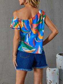 SHEIN LUNE Allover Print Asymmetrical Neck Batwing Sleeve Blouse - Blue - View 2