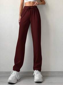 EURMUSE Solid Drawstring Waist Straight Leg Pants - Rust Brown - View 1