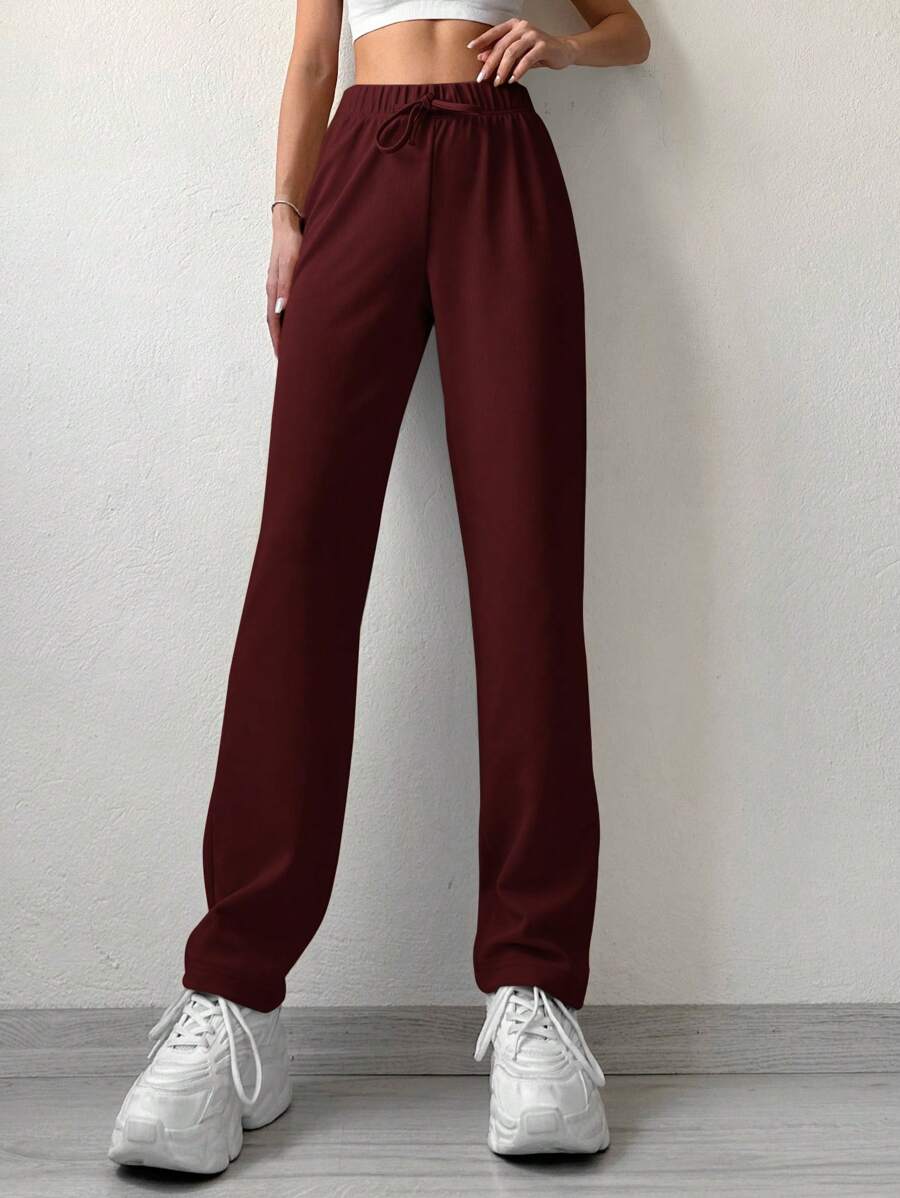 EURMUSE Solid Drawstring Waist Straight Leg Pants - Rust Brown - View 1