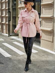 GENKIRA Flap Pocket Drop Shoulder Belted Coat Fall Cloth For Women - Pink - View 5