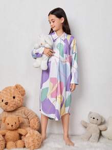 SHEIN Tween Girl Graphic Print Button Front Shirt Dress - Multicolor - View 4