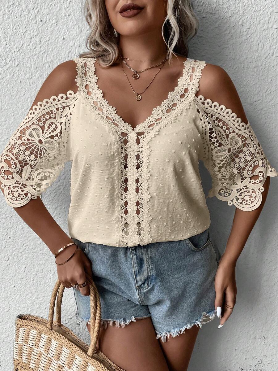 SHEIN Clasi Plus Swiss Dot Cold Shoulder Guipure Lace Insert Blouse