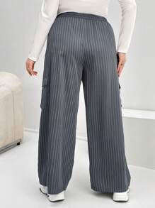 SHEIN Essnce 大碼條紋印花側翻蓋口袋闊腿褲 - 灰色 - 查看 2