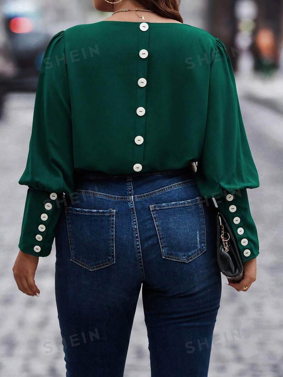 Calvaya Plus Button Back Gigot Sleeve Blouse - Dark Green - View 1