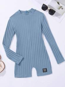 SHEIN Tween Girl Letter Patched Detail Romper - Baby Blue - View 1