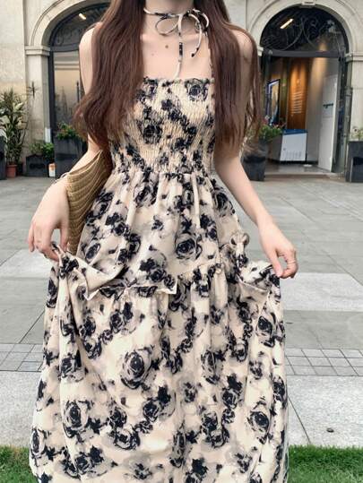 全印花束縮細上身束腰背心裙，夏日必備單品