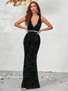 SHEIN Belle Plunging Neck Sequin Formal Dress - Green - View 1